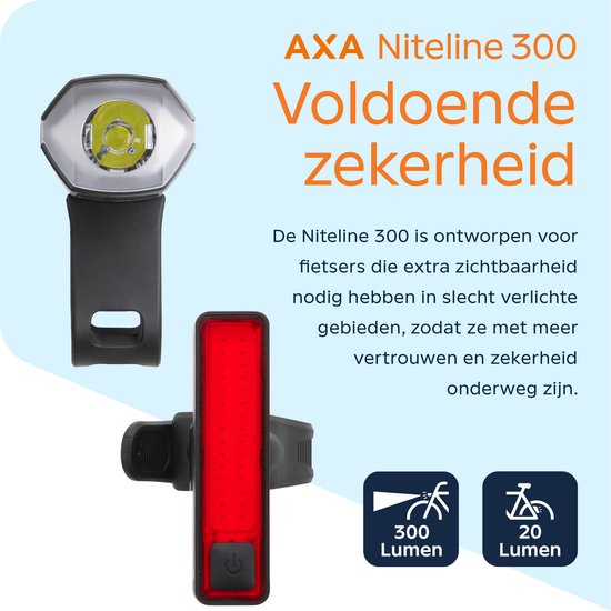 AXA Niteline 300 fietsverlichting set - Oplaadbare LED fietsverlichting voor- en achterlicht - USB‑C - krachtige verlichting voor donkere stedelijke omgevingen — afbeelding 4