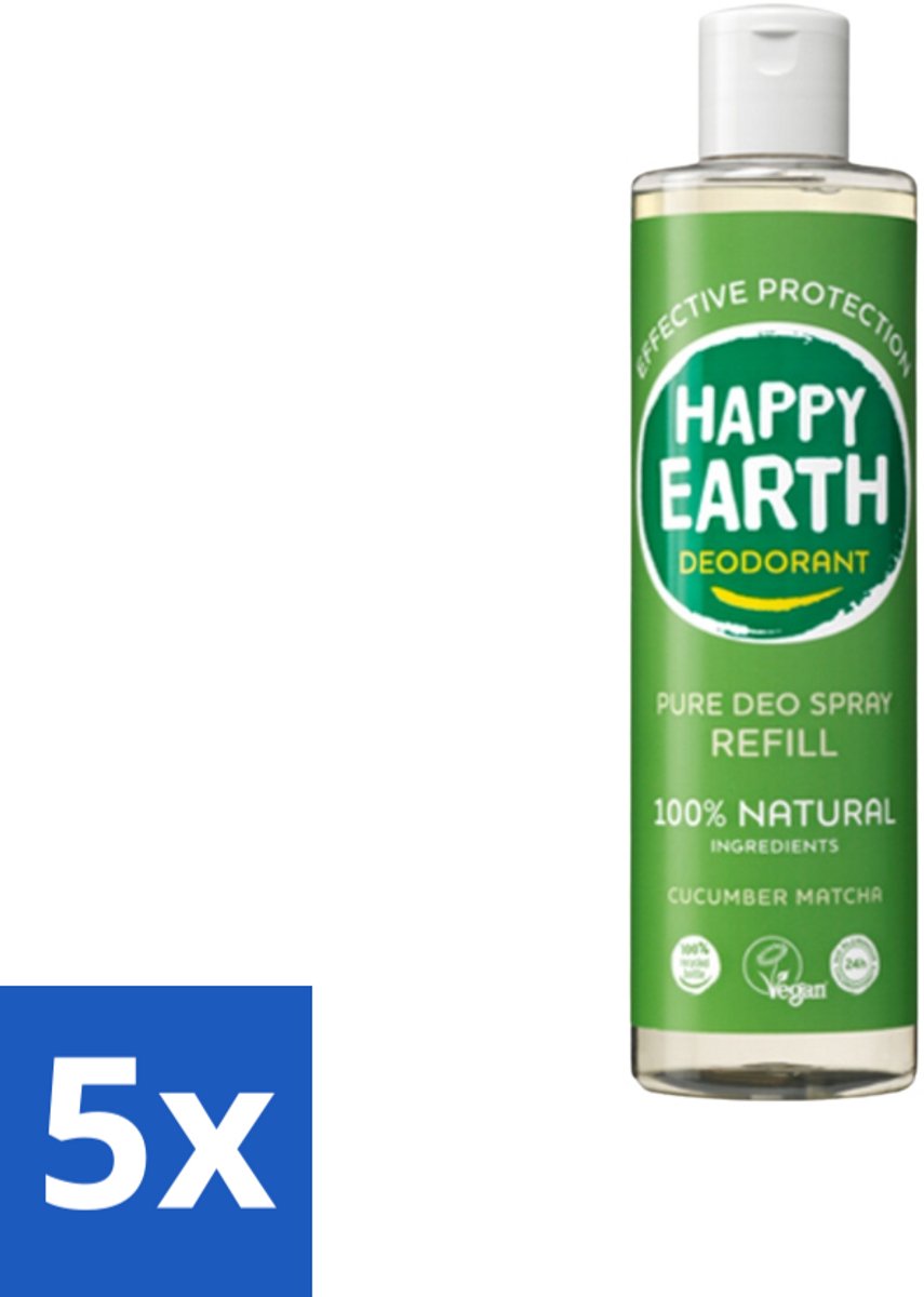 Happy Earth – Deodorant Spray Navulling – 100% Natuurlijk Cucumber Matcha – 300 ml - Bulkverpakking - 5 stuks