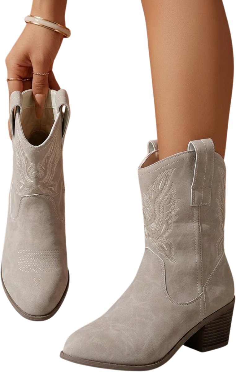Currero Dames Cowboy Laarzen Hoge Hak Enkellaarzen Kniehoge Western Boots Chelsea 39 Beige