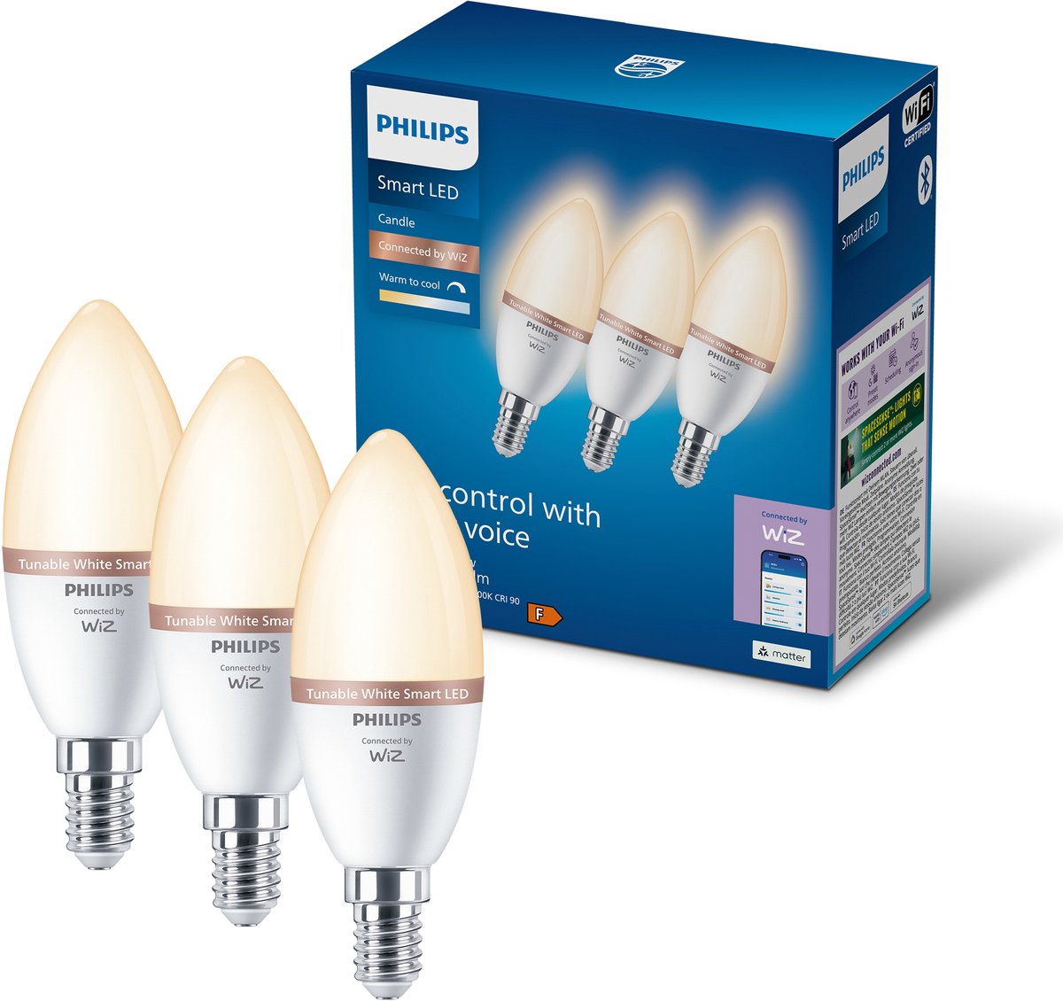 Philips Smart Lighting - led-kaarslamp - e14 fitting - warm- tot koelwit licht - dimbaar - 3 pack - 40w - kaarslamp: c37 - wifi