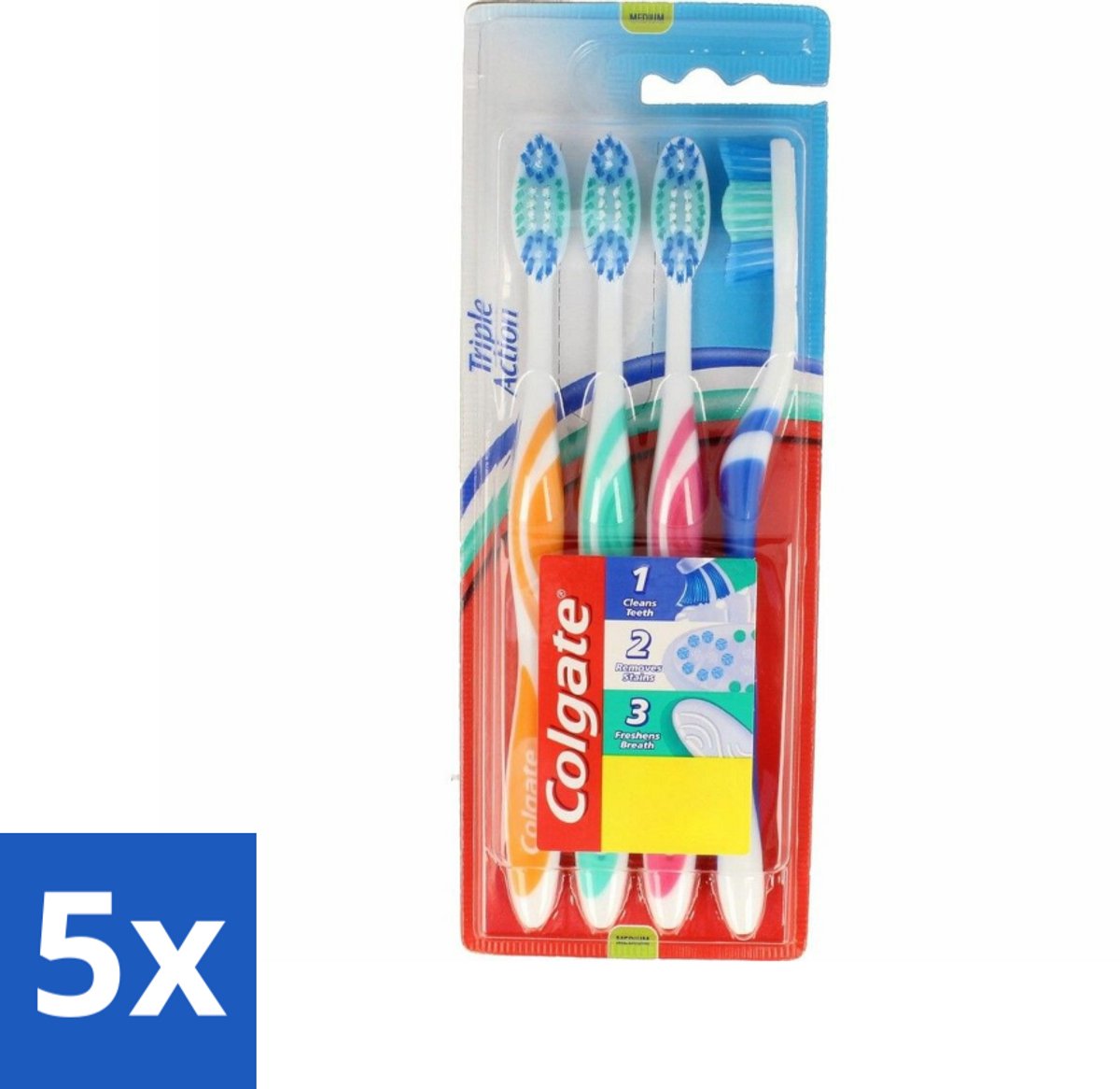 5 x Colgate - Tandenborstels - Triple Action - Medium - 4 borstels - Tandenborstel - Mondhygiëne - Reiniging - Vlekverwijdering - Frisse Adem
