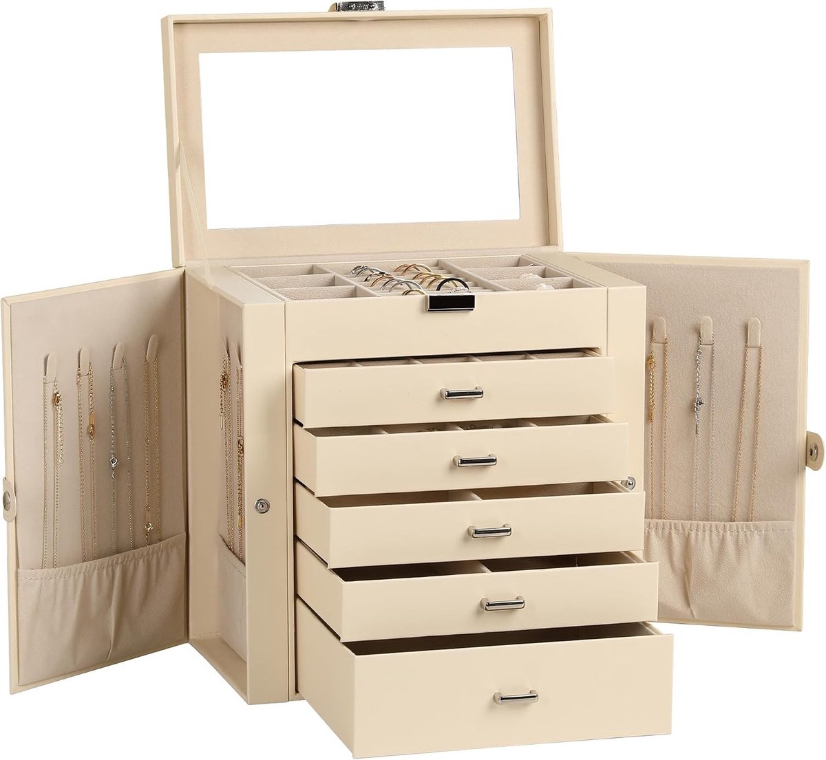 Grote sieradenbox van kunstleer, 6 niveaus, multifunctionele opbergdoos met spiegel en slot, met 5 lades voor sieraden en accessoires (Beige)
