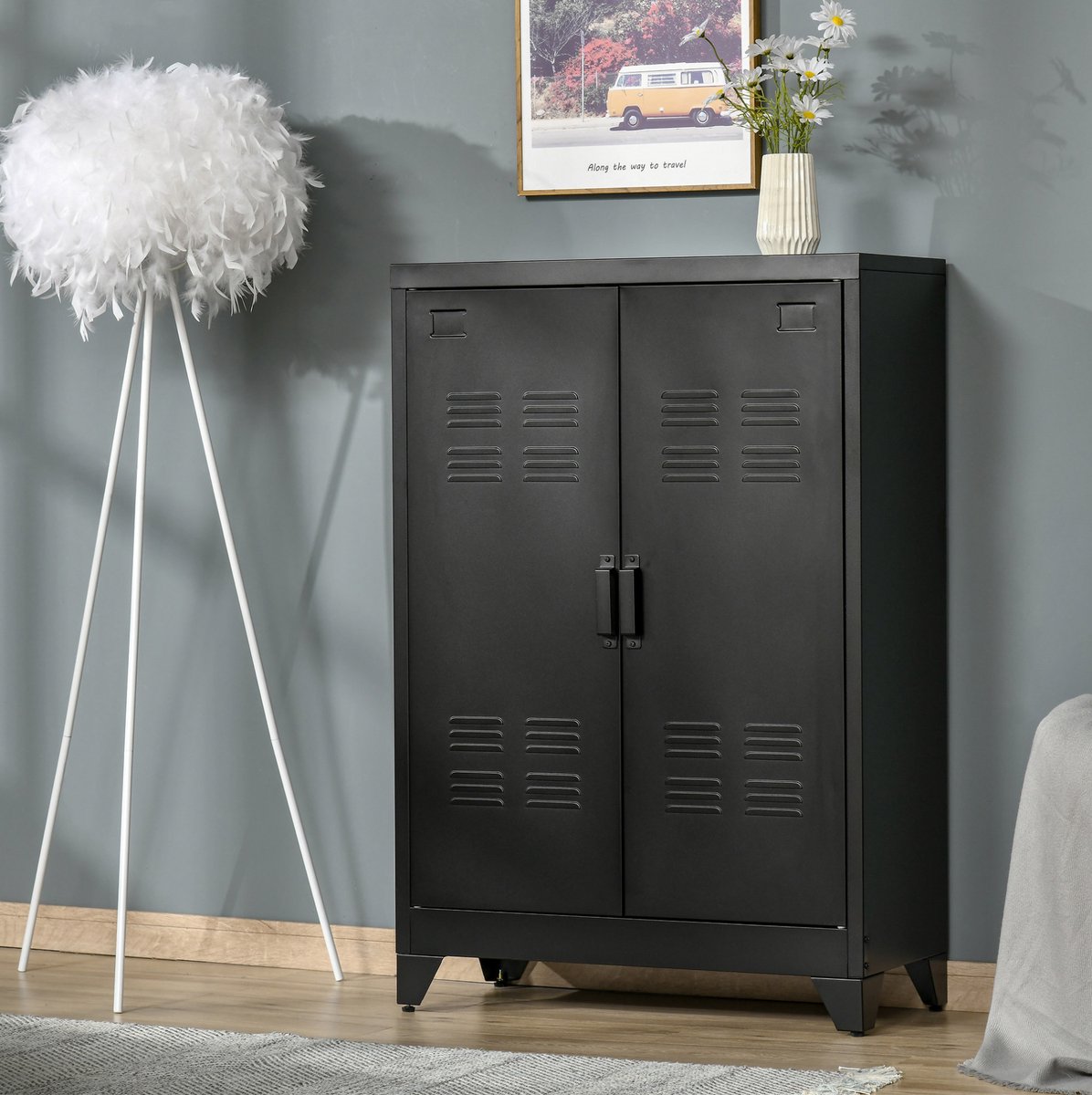 OKWISH Archiefkast - Metalen Sideboard Met Lamellen Deuren - Met 2 Verstelbare Planken - Voor Kantoor En Woonruimte - Zwart