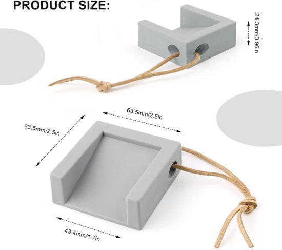Grijze deurstop met bruin koord, getoond met afmetingen in millimeters en inches.