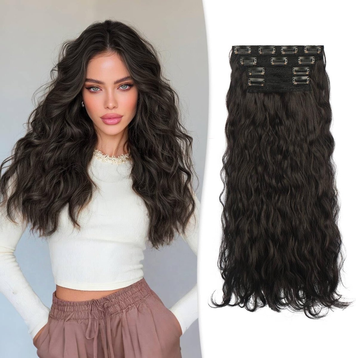 Langgolvende Clip in Haarextensions van 45 cm - 4 Stuks Krullend Synthetisch Haar voor Dames (Zwart Bruin) - Perfect voor Volume en Lengte