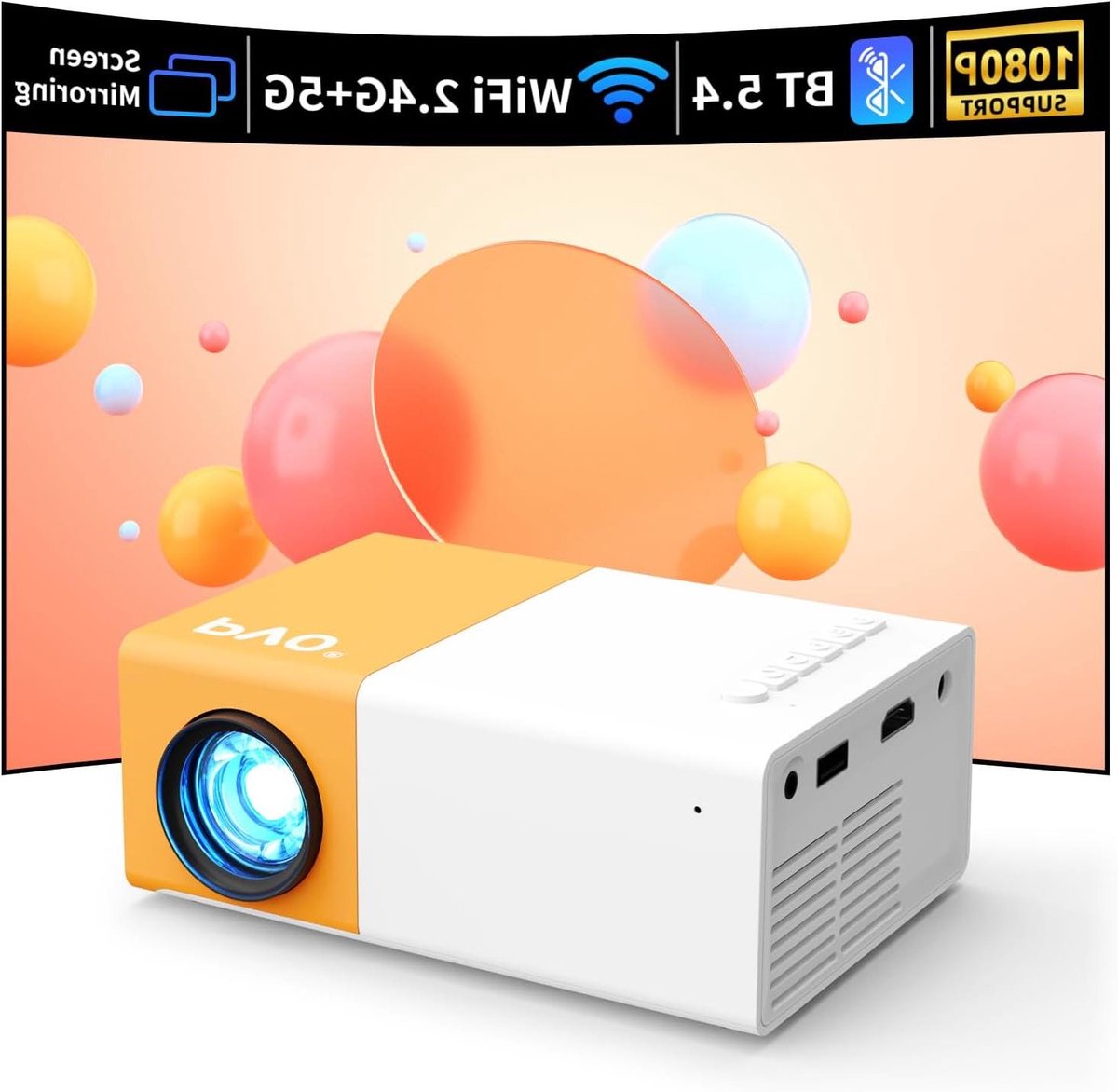 Mini Beamer - Draagbare Projector - Films Kijken - Draadloze Schermspiegeling - 14 x 9.5 x 5.3 cm - Oranje Wit