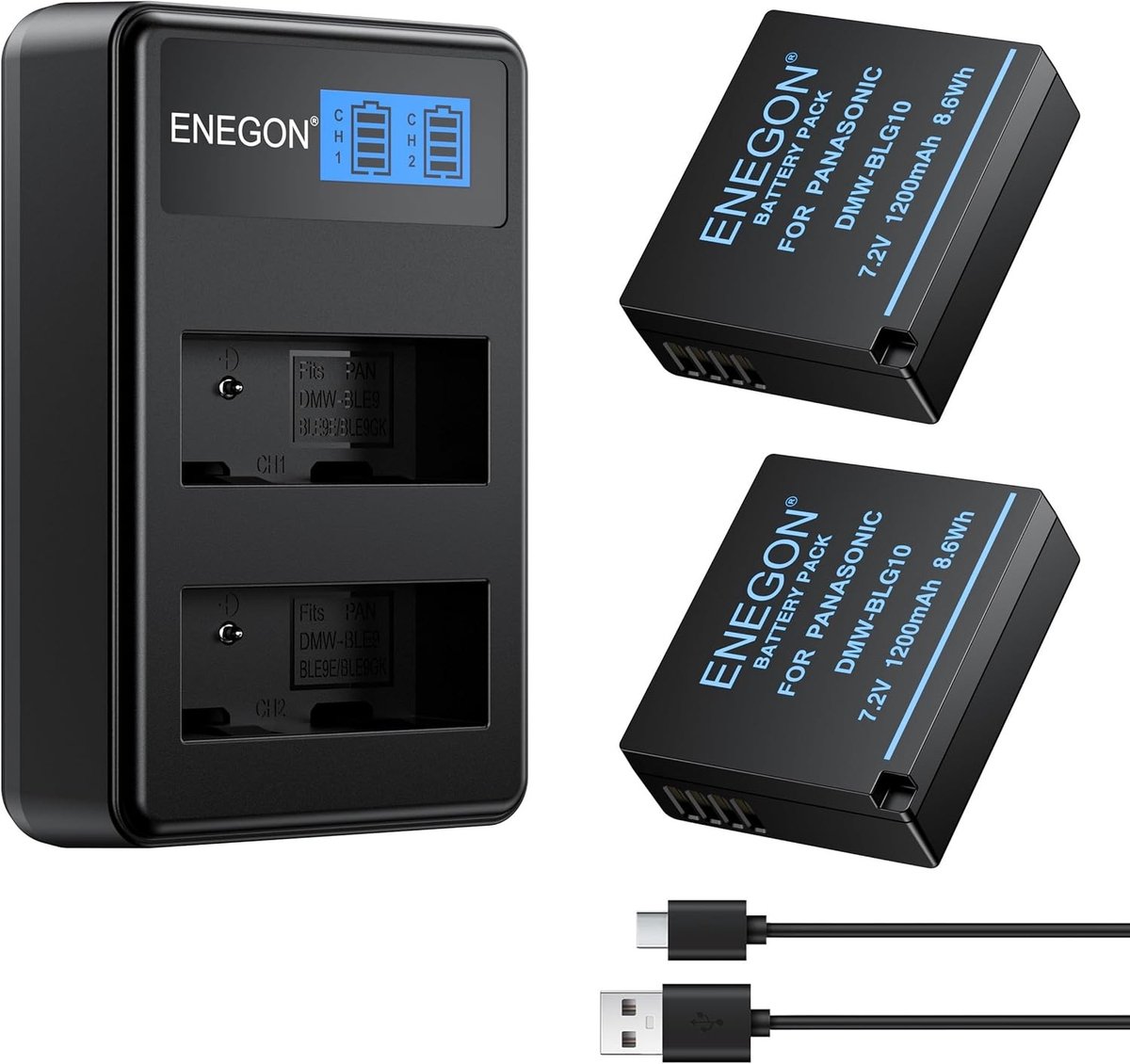 1200mAh DMW-BLE9 DMW-BLG10 Batterijen en Oplader met USB-C Kabel en LCD Display voor Panasonic Lumix Camera's zoals DC-LX100 II, TZ202, TZ101, DMC-GX7 en meer, Set van 2