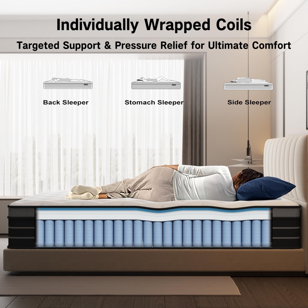 SnelShoppen - CBAEC-RSN Matras 120x200 cm, Ergonomische Boxspringbed Matras, Hardheid H3, Öko-Tex Gecertificeerd, 7 Zones, Geschikt voor Kinderen en V