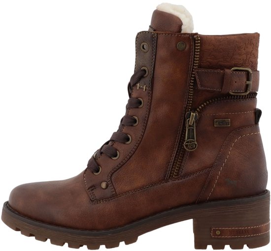 Bruine leren veterlaars van Mustang, met rits, gesp en GORE-TEX.