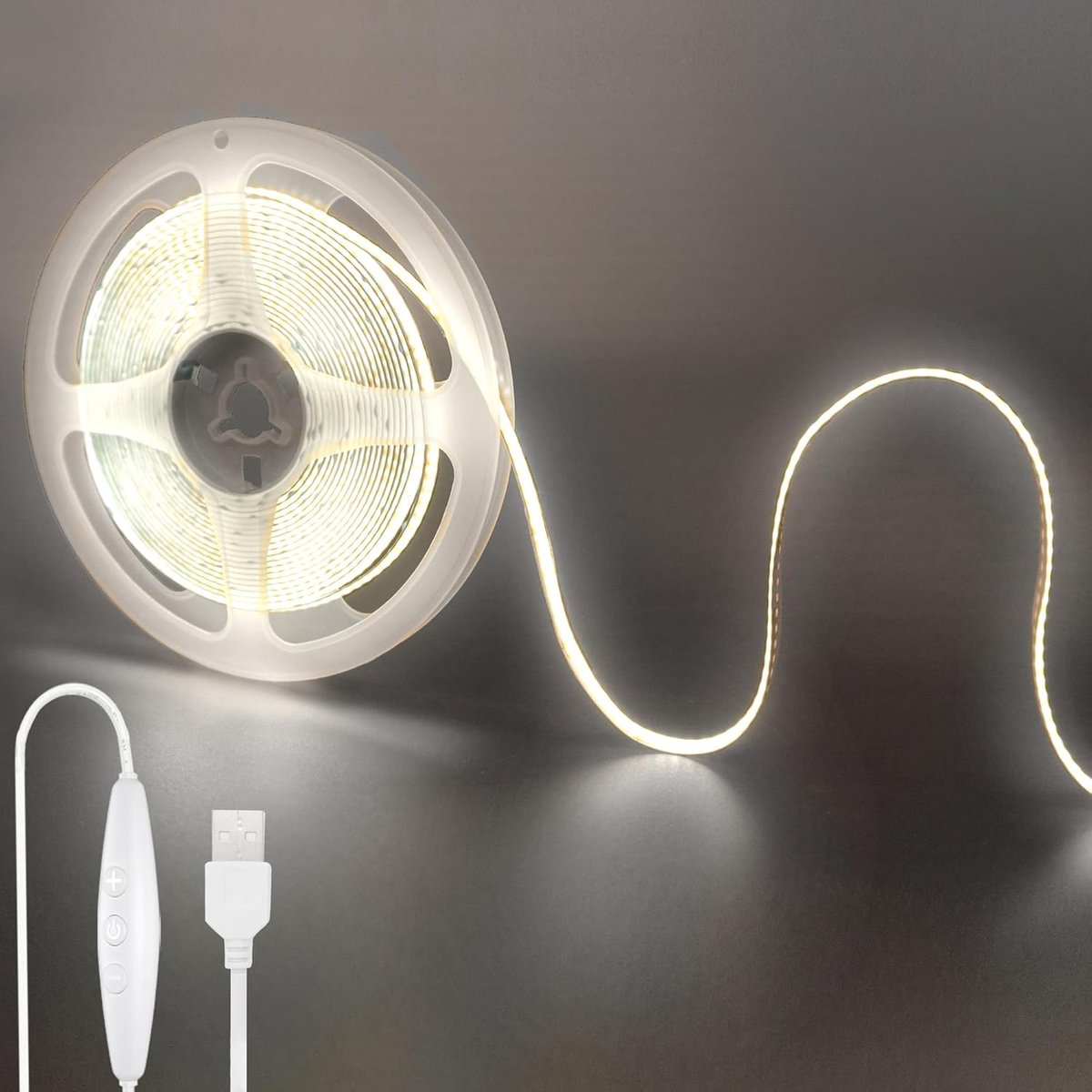 SnelShoppen - Dimbare 5V USB COB LED Strip 2M, 320 LED's/M, Koud Wit 6500K, 8mm Breed, Niet Waterdicht, Perfect voor Interieur DIY, Verlichting voor F