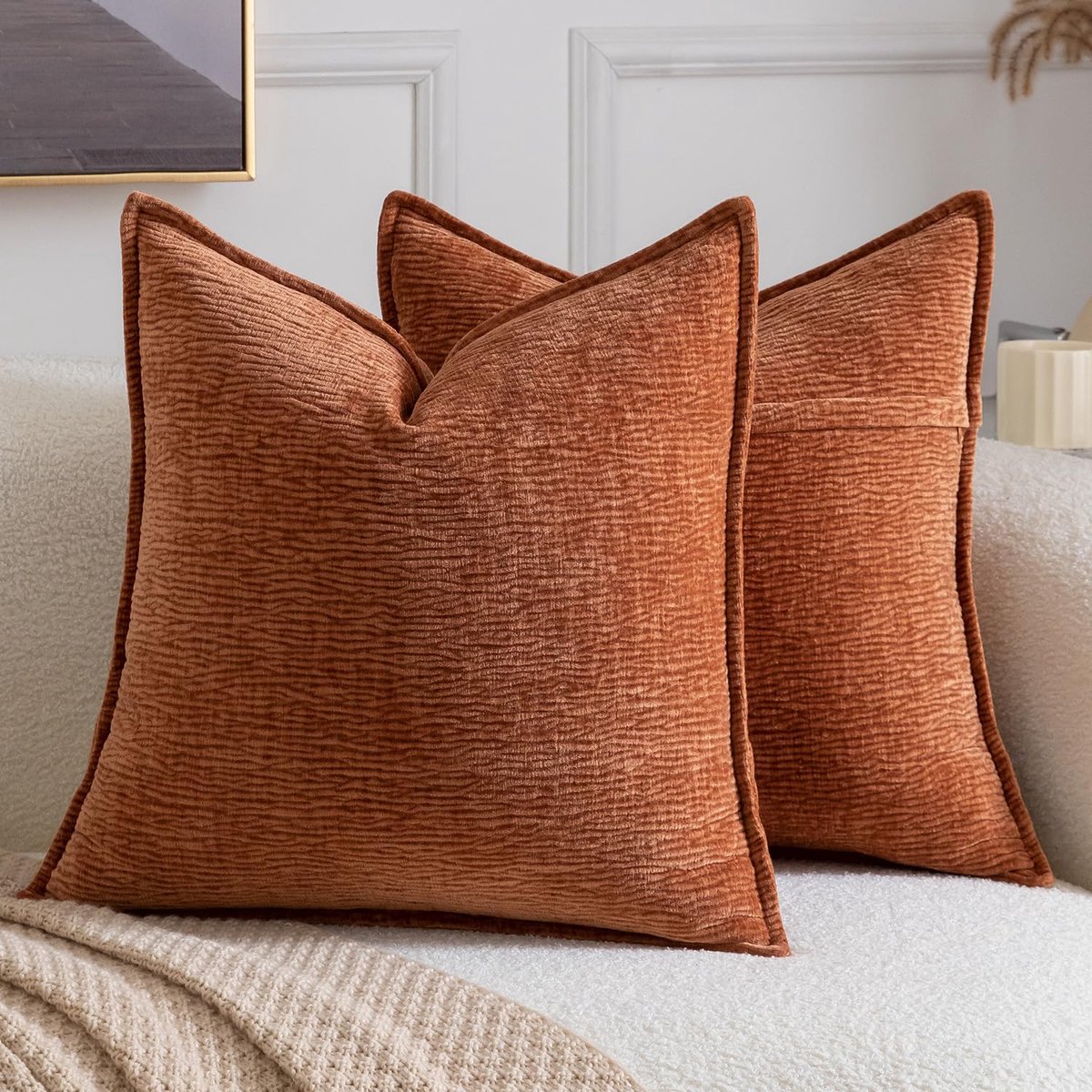 SnelShoppen - Set van 2 Roestbruine Sierkussenhoezen 45x45 cm van Zachte Chenille met Effen Textuur voor Bank, Sofa, Slaapkamer en Woonkamer