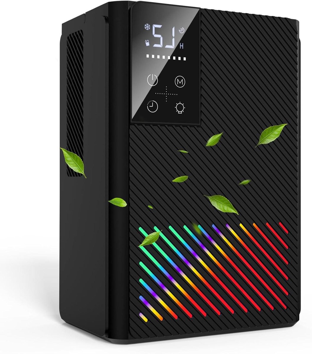 Elektrische Luchtontvochtiger - Stille Ontvochtiger - Vochtige Ruimtes - 7 Kleuren LED - 2500 ml Reservoir - Grijs