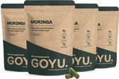 Vier bruine verpakkingen met moringa capsules, met groene opdruk 'GOYU'.