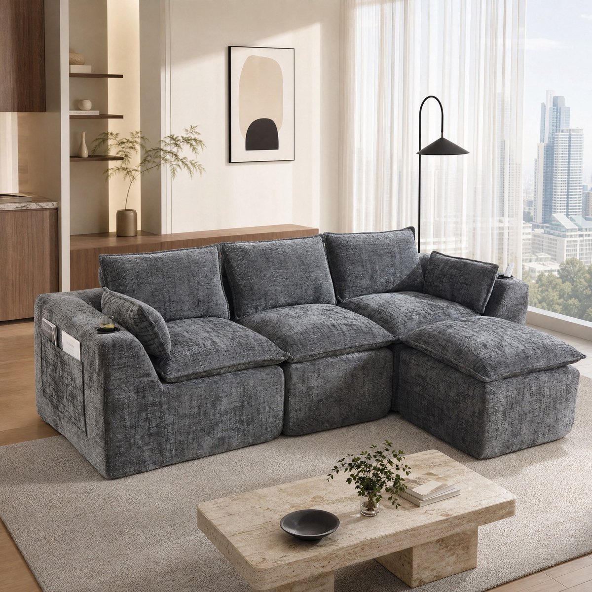 REDOM - Hoekbank - Modulaire 3-zits sofa met voetbank, kussens, bekerhouder en 2 zijvakken - Chenille - Donkergrijs - 256 x 161 x 75 cm