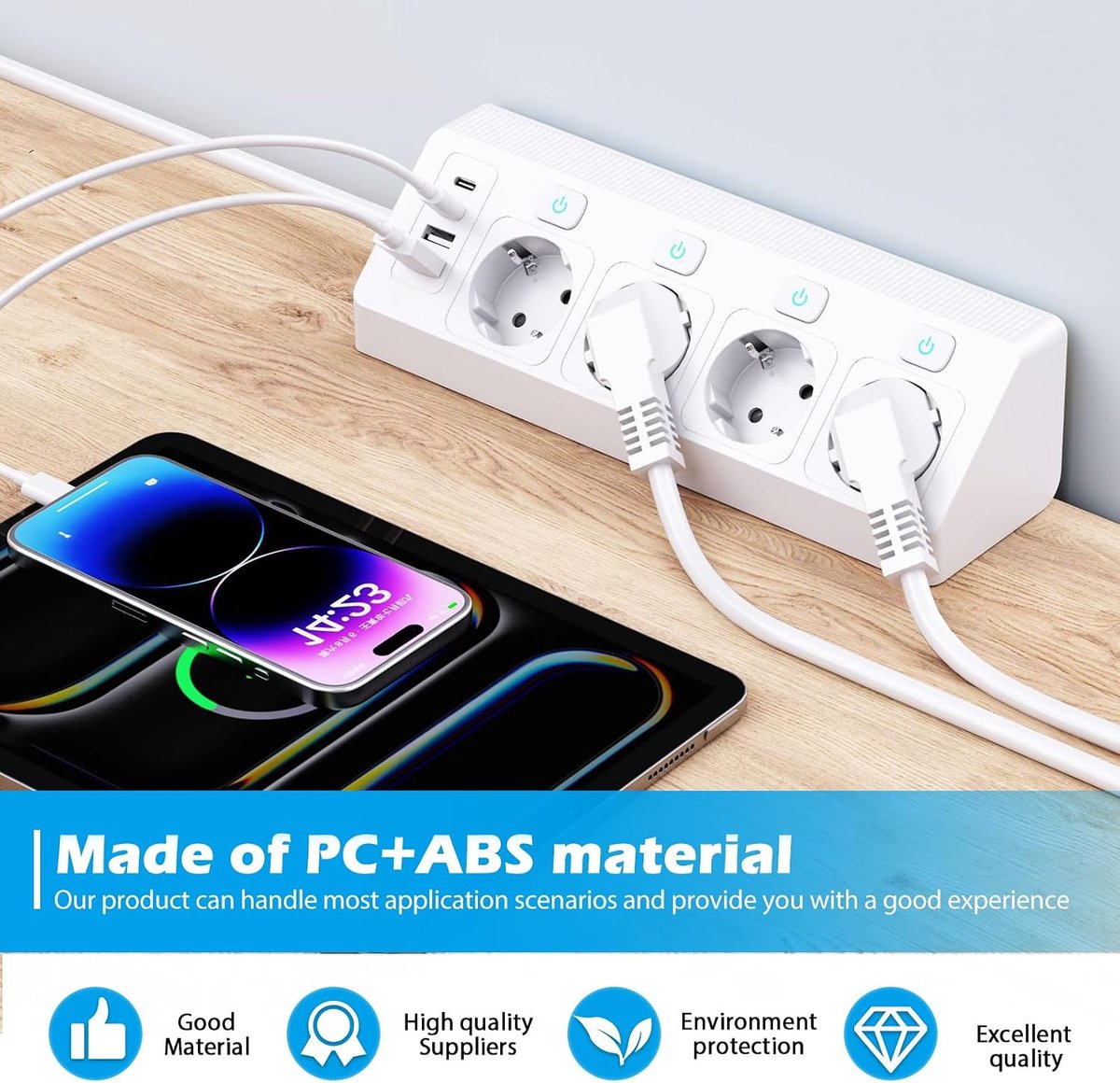 SnelShoppen - Power Strip met 2 USB en 2 Type-C, 4-Weg Hoekstopcontact met Schakelaar, Tafelstopcontact met 2 m Kabel, Ideaal voor Keuken, Bureau en K