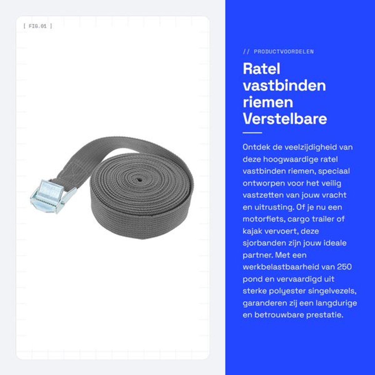 Spanriemen 250 Pond Werkbelastbaarheid - Verstelbare Sjorbanden - Ratelbinders - Hoogwaardige Polyester - 2 Meter Lang - Duurzaam en Rafelt Niet