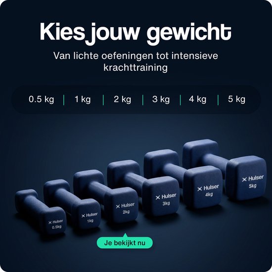 Rij donkerblauwe halters van Hulser, variërend van 0,5 kg tot 5 kg, met de gewichten vermeld op elke halter.