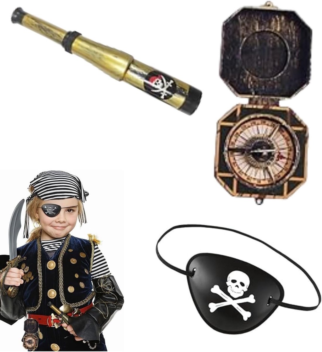 Piratenkostuum Accessoires voor Kinderen, Set van 3, Telescopische Verrekijker, Kompas Prop en Ooglap, Perfect voor Carnavalsfeest en Halloween