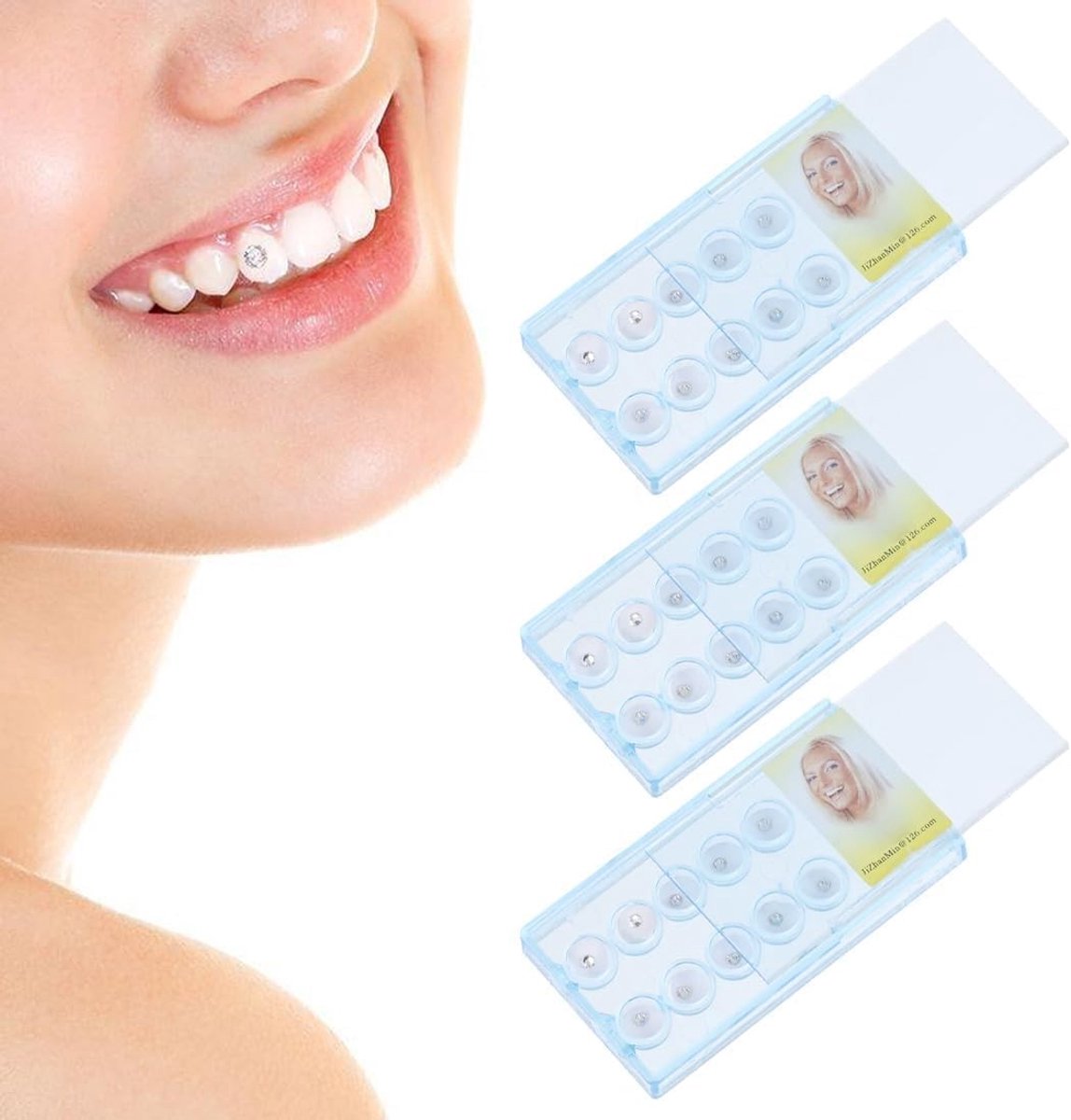 Set van 3 dozen met glinsterende tanddecoraties, kristallen tandjuwelen en cadeauverpakking