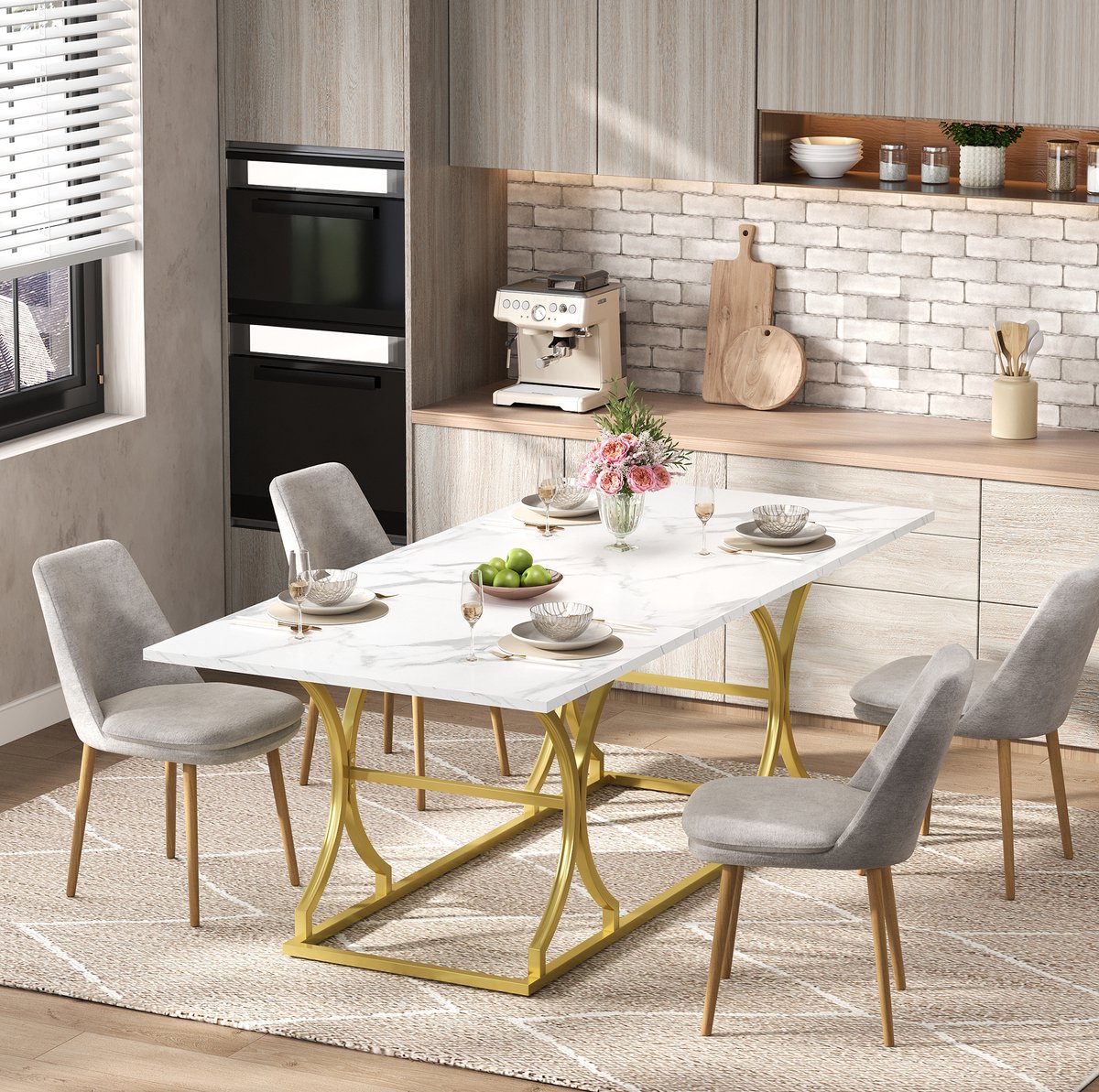 MEUNIQ Eettafel 200x80x76 cm met marmerlook tafelblad, 2,5 cm dik, gouden metalen poten, voor 8-10 personen, voor eetkamer of open woonruimte, wit en goud