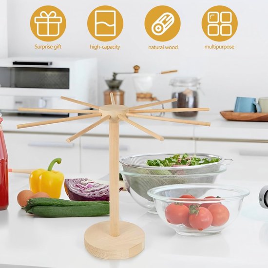 SnelShoppen - Pasta Droogrek, Pastamaker van Hout, 46 x 40 cm, voor tot 4.5 kg Verse Pasta, 9 Afneembare Armen, Herbruikbaar Spaghetti Droogrek voor T van Snelshoppen — afbeelding 4
