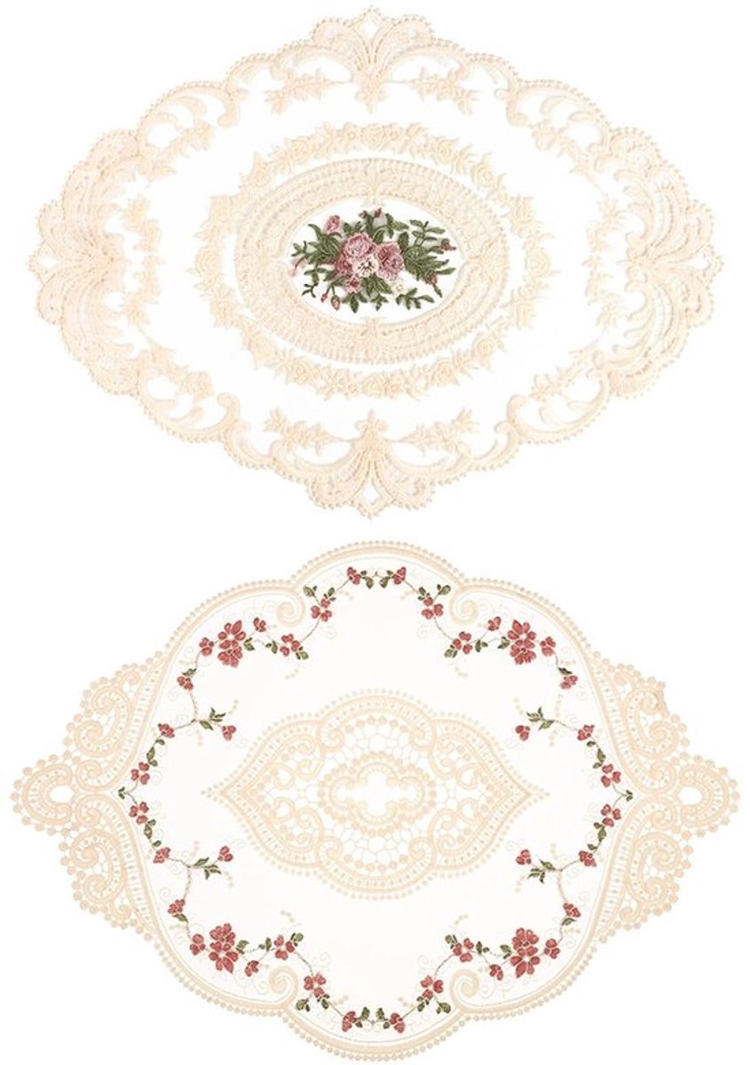 Tafelkleed Vintage - Set van 2 - Ovaal - Beige - Bloemenpatroon - Polyester - Afmetingen 31 x 42 cm / 31 x 44 cm - Placemat