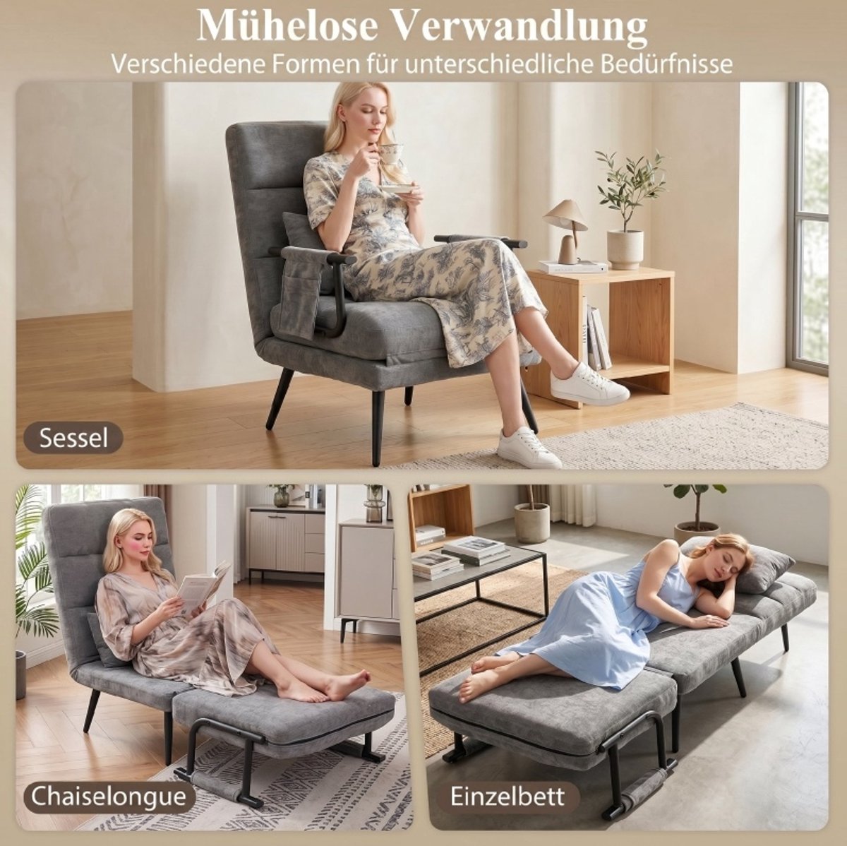 OKWISH Relaxfauteuil - 73 x 67 x 96 cm - 3-in-1 Uitklapbaar Met Verstelbare Rugleuning - Voor Woonkamer Of Logeerkamer - Chenille - Grijs
