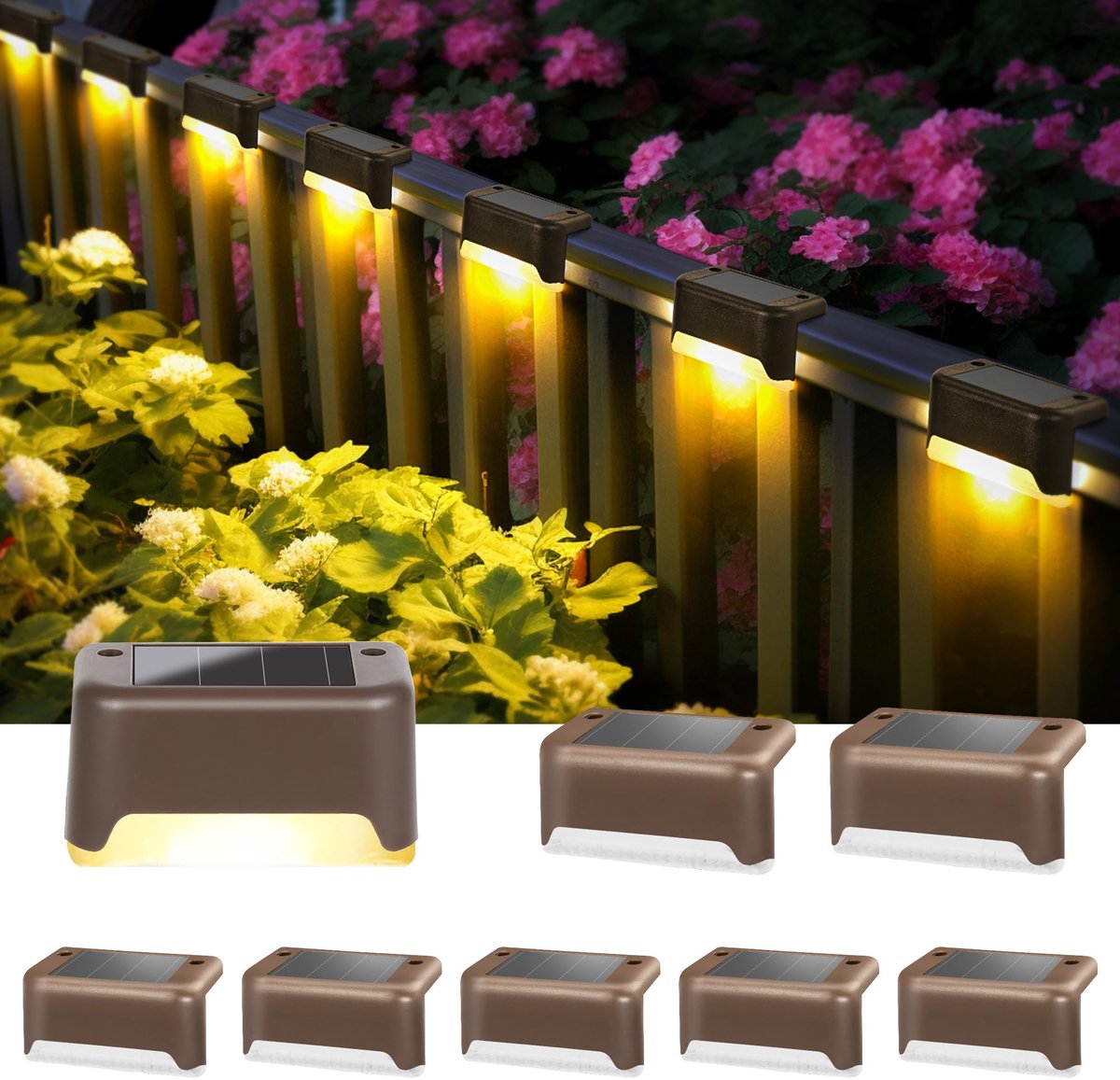 8-delige set solar terrasverlichting – Waterdichte solar buitenverlichting (bruin, warm wit licht) geschikt voor trappen, treden, schuttingen, terrassen, patio's en opritten.