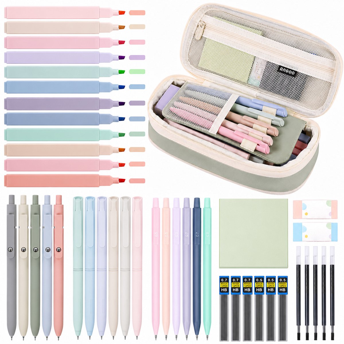 Schoolbenodigdheden Set met Cute Pennenzak - 44-delige Stationery Set voor College & Verpleegkundestudenten - 5 Gelpennen, 6 Vulpotloden, 12 Markeerstiften - Groen - 1 Set