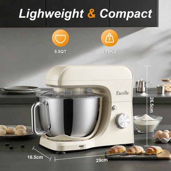 SnelShoppen - Stand Mixer Wit - 5.5L Keukenmachine met 6 Snelheden en Kneedhaak voor Bakken, Mixen, Kloppen, Perfect voor Taarten en Brood van Snelshoppen — afbeelding 5