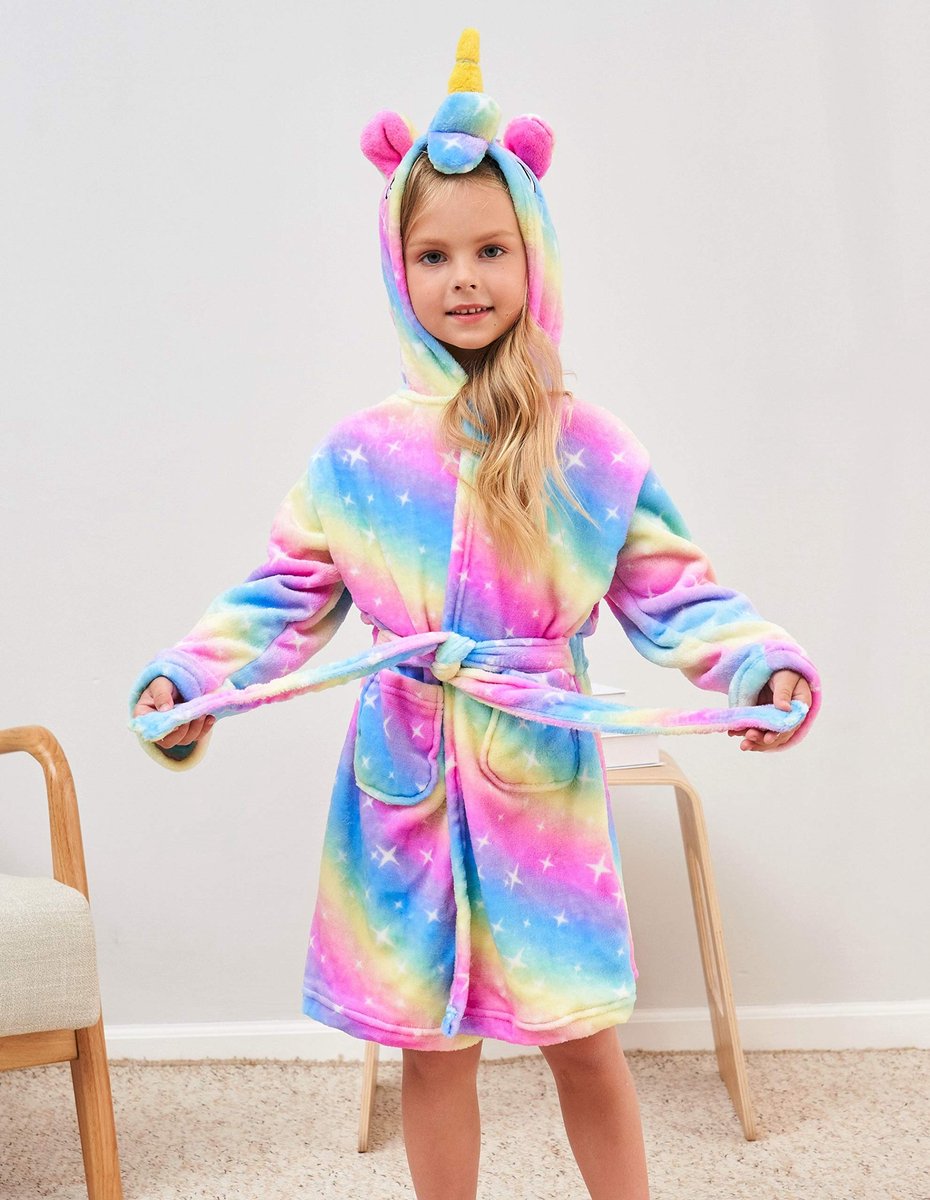 SnelShoppen - Zachte Eenhoorn Badjas met Capuchon voor Meisjes, Inclusief Pantoffels, Blinddoek en Hoofdband - Perfecte Cadeaus voor Kinderen, Regenbo