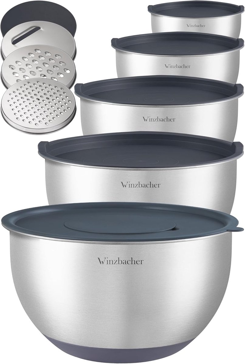 SnelShoppen - Set van 5 Roestvrijstalen Mengkommen met Deksel - Antislip, Stapelbaar, Vaatwasmachinebestendig - 1L, 1.5L, 2.5L, 3.5L, 4.5L - Perfect v