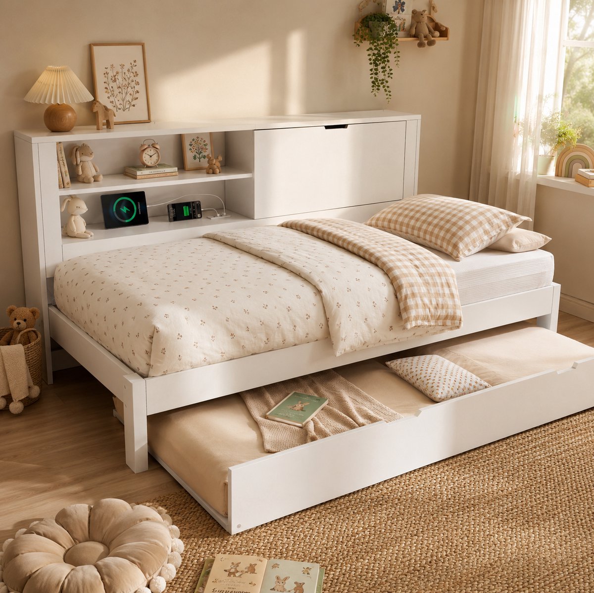 COVREO Slaapbank met uitschuifbed en opbergruimte – 90x200 cm – Bedframe van hout – voor logeerkamer en woonkamer – Wit - zonder matras