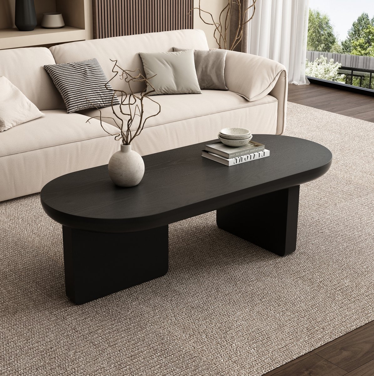 REDOM - Salontafel - Ovaal tafelblad - Dubbele verticale pootconstructie - Gespoten MDF-afwerking - Modern minimalistisch - Woonkamer - Zwart - 119,7 x 49,8 x 35,5 cm