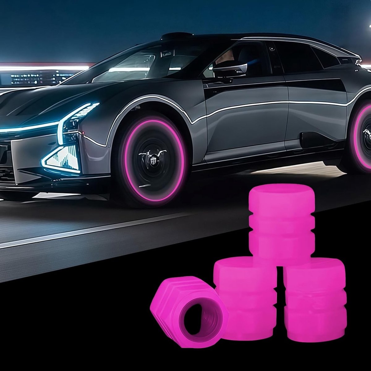 Set van 4 Verlichte Ventieldoppen voor Auto, Fiets en Motor - Fluorescerende Ventieldoppen in Roze voor Banden