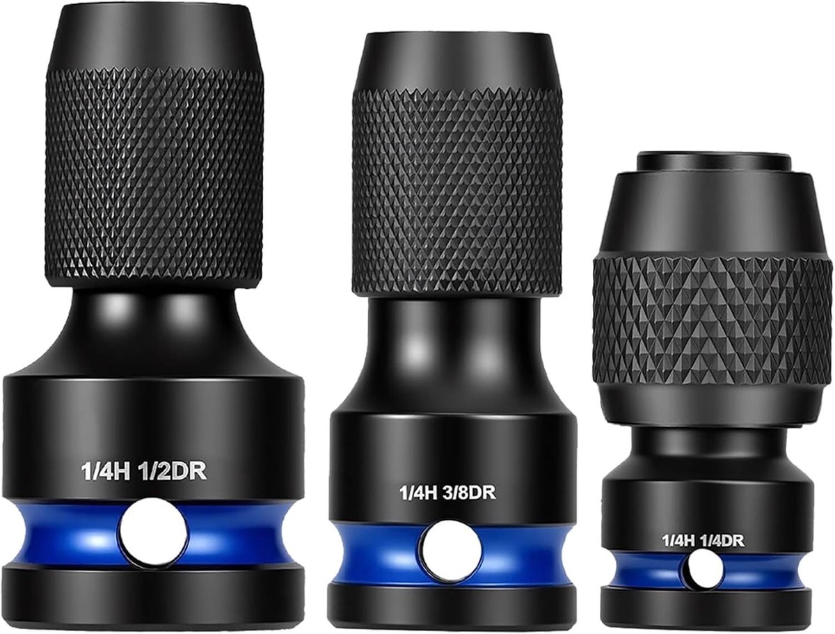 Set van 3 Dopsleuteladapters voor Slagsleutels en Schroevendraaiers - 1/2, 3/8 en 1/4 Inch naar 1/4 Inch Zeskant met Snelsluiting en Cr-Mo Materiaal