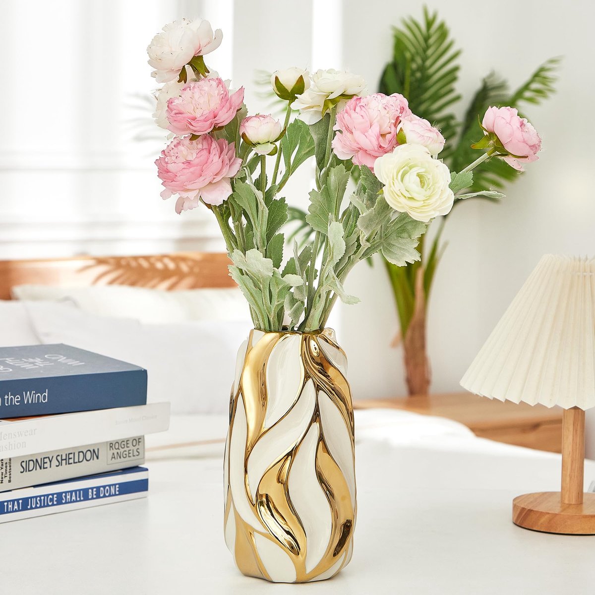 SnelShoppen - Crèmewitte keramische bloemenvaas, moderne gouden decoratie, kleine vaas voor pampasgras, groot formaat voor boerderij, salontafel, boek