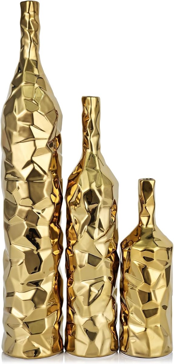 SnelShoppen - Set van 3 Gouden Keramische Vloervazen 49,8 cm - Moderne Vazen voor Woonkamer, Entreetafel, Boho Decor met Pampasgras en Bloemen