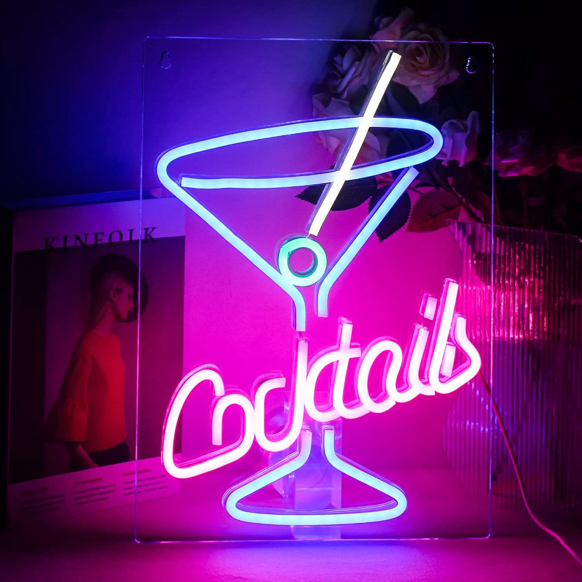 SnelShoppen - Cocktailbar Neonbord Blauwe Beker - Roze LED Neonverlichting - Wandlamp Acryl voor Pub, Taverne, Restaurant, Bruiloft en Feestdecor