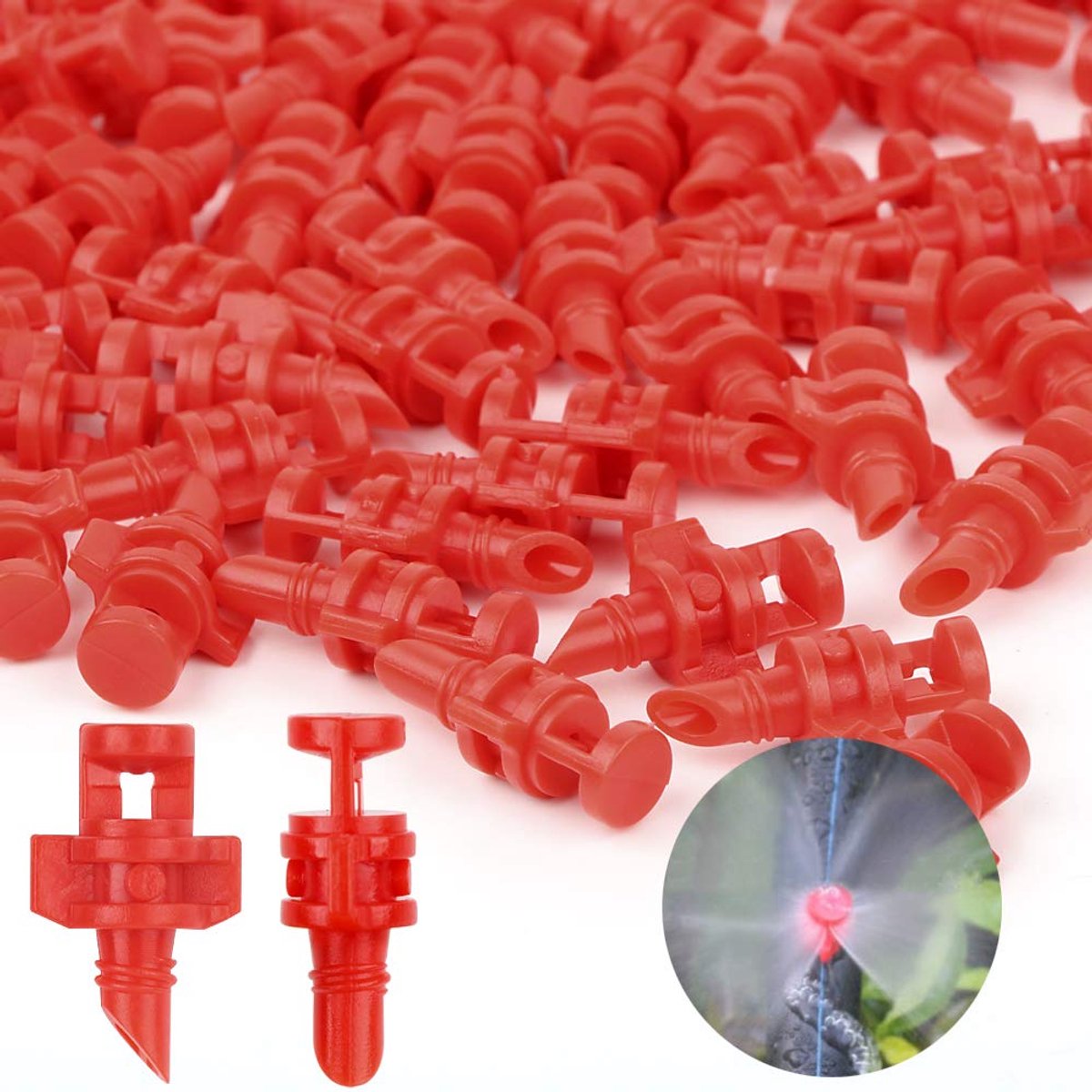 Verpakking van 100 mini 360 graden sproeiers, minisproeiers voor tuin, druppelirrigatiesysteem, boomgaard, landbouw