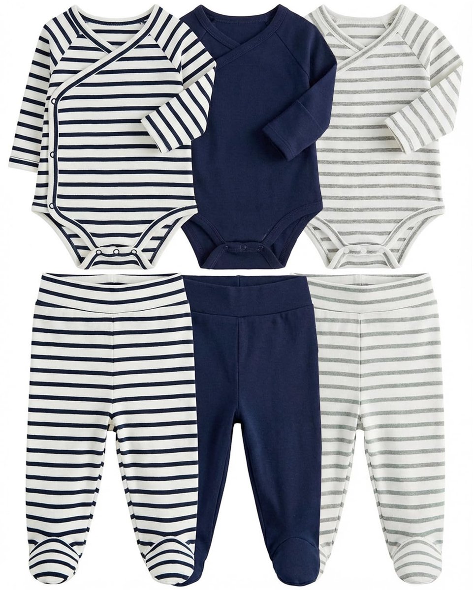 SnelShoppen - 3-delige Baby Wikkelbody Set met Omslagmouwen en Pompbroek met Voeten - Katoen Pasgeborenen Set 0-12 Maanden - Marineblauw - Perfect voo