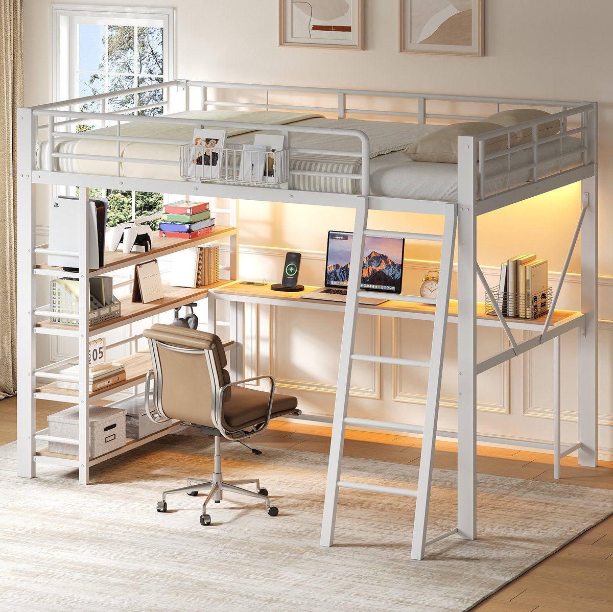 STILVORA Hoogslaper 140 x 200 cm - Hoogslaper Met Bureau En Opbergruimte - Led Verlichting En Usb Laadpunt - Voor Volwassenen - Metaal - Wit Zonder Matras