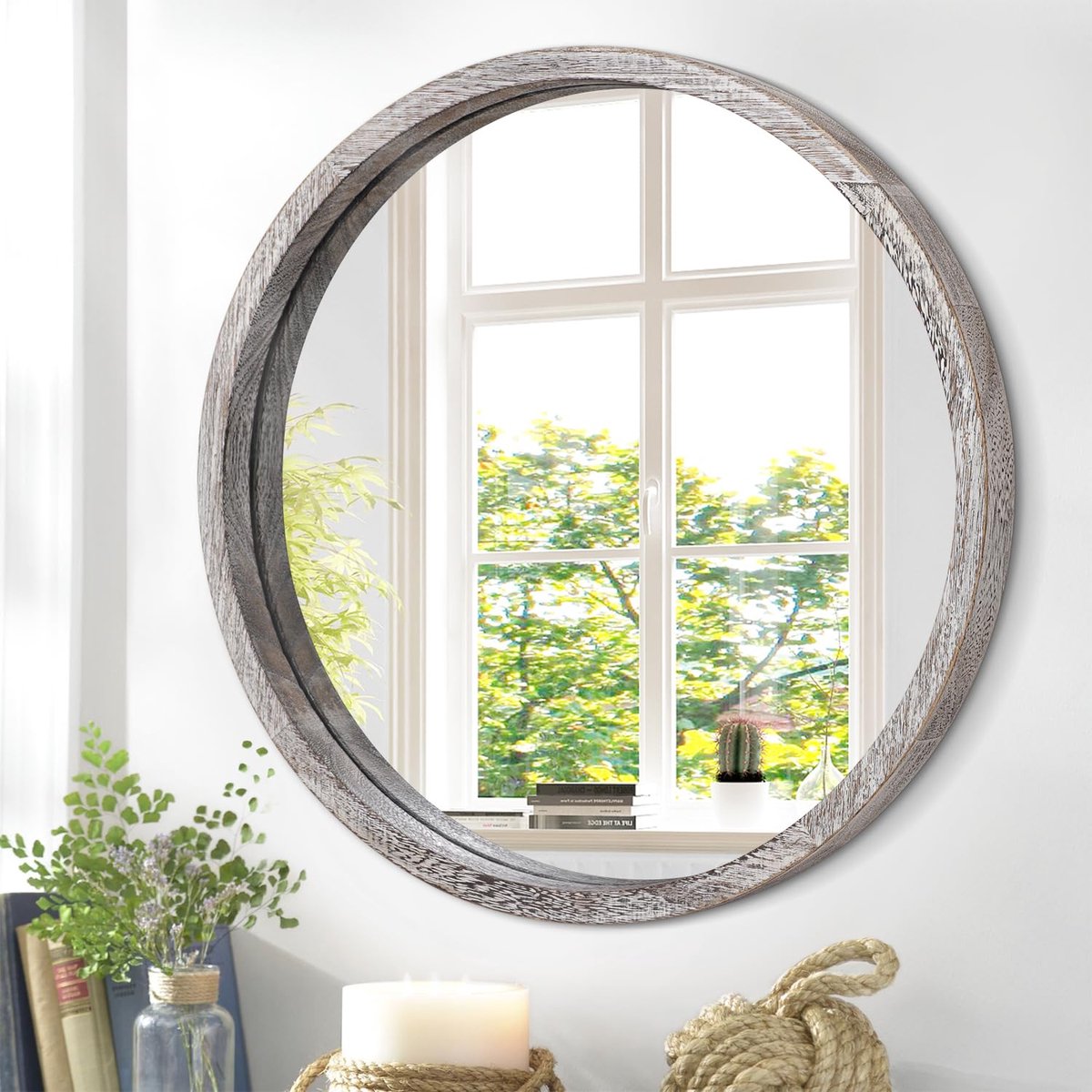 SnelShoppen - Ronde Wandspiegel voor Badkamer - Rustieke Bruine Ijdelijkheidsspiegel met Houten Frame - Decoratieve Cirkel voor Muur - Make-up Spiegel