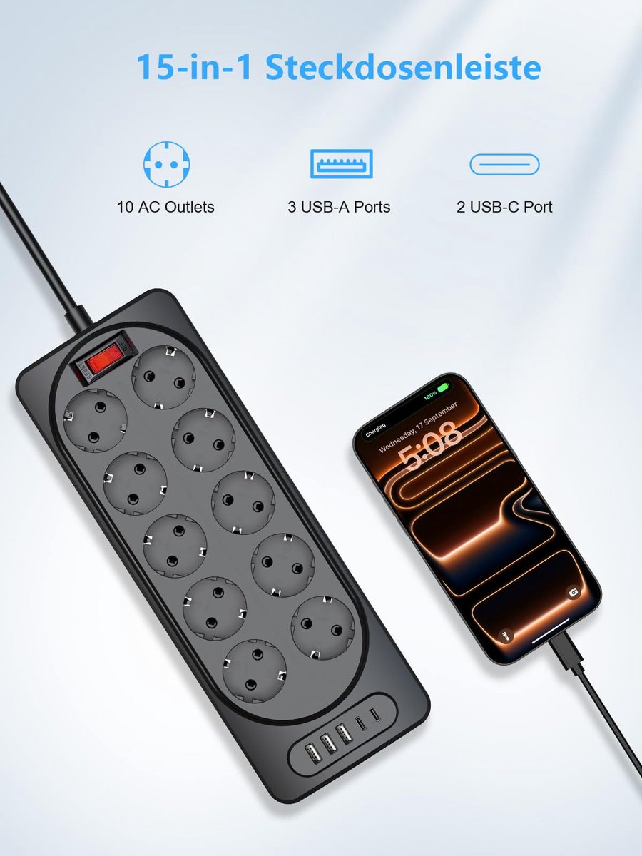 SnelShoppen - Pluackg A5 Meervoudige Stekkerdoos met 5 USB Poorten - 12-voudige Stekkerdoos voor Thuis, Kantoor, Tuin, Feest, Camping - Veilig, Compac