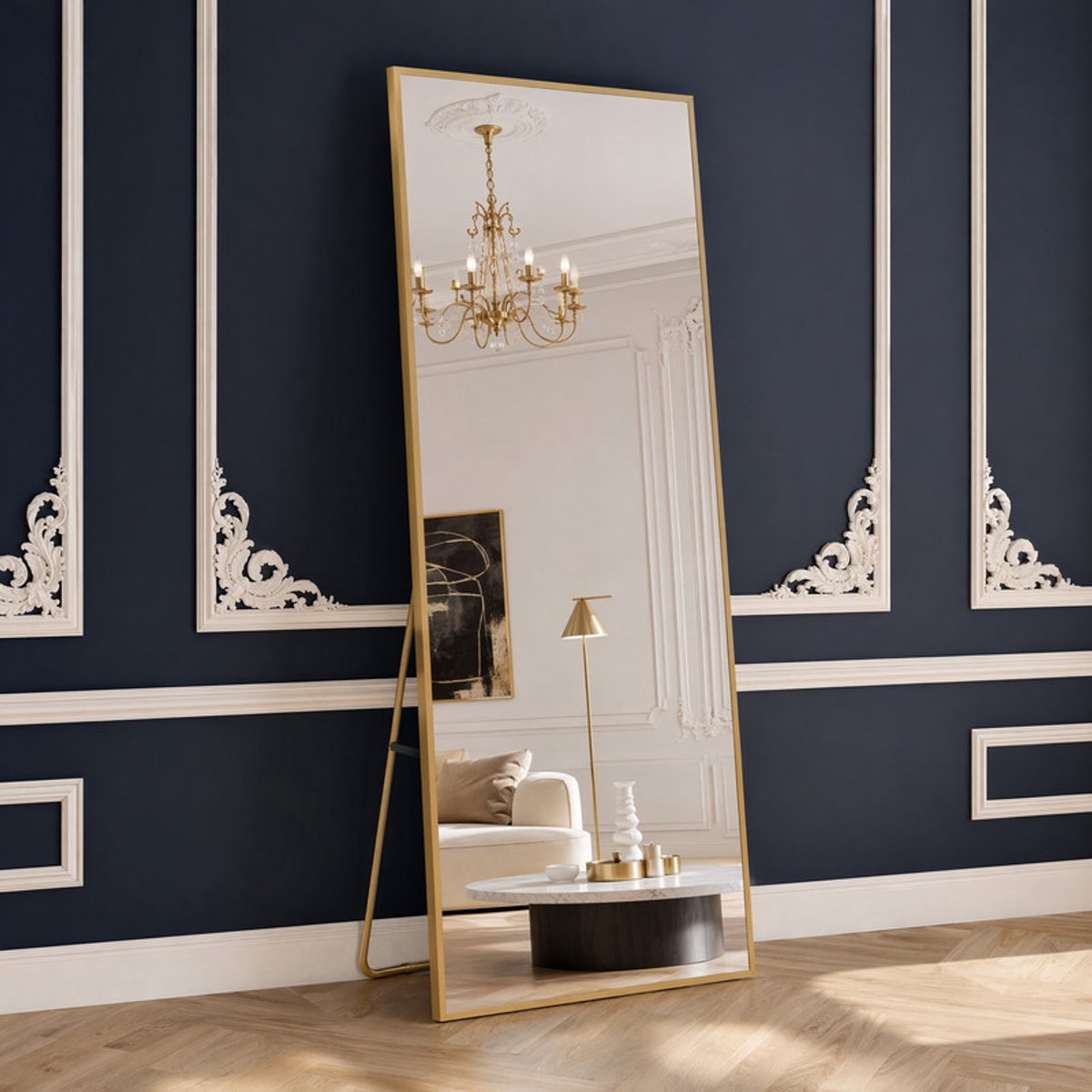 SHOPENTRA Passpiegel 164x54 cm Goud – Luxe Ganzkörperspiegel met Aluminium Frame, Veiligheidsglas en Staand of Wandmontage