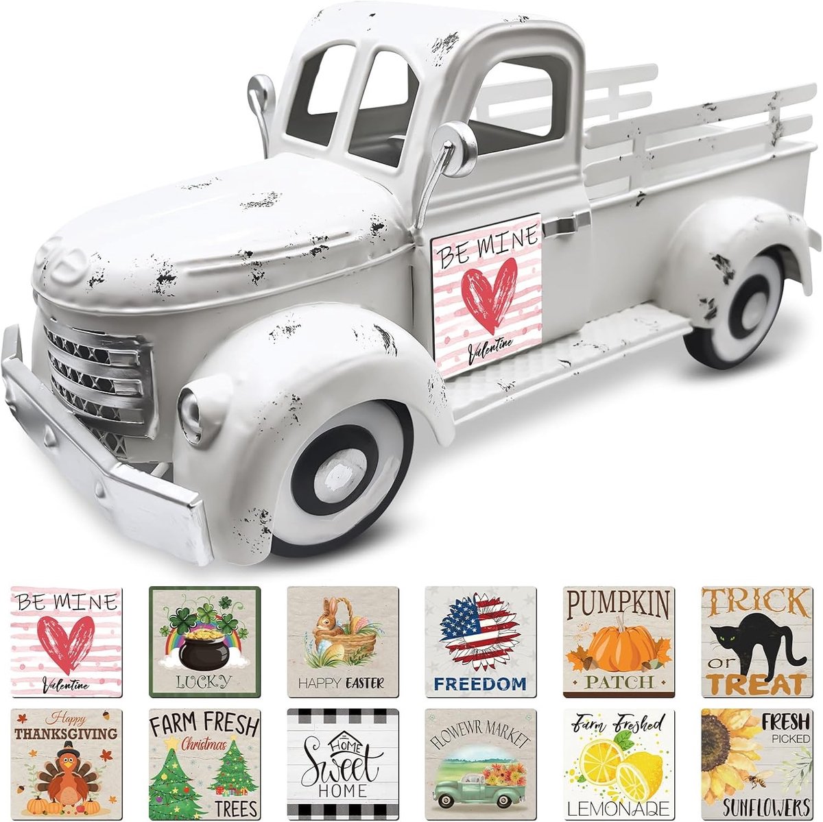 Decoratieve Vintage Truck Tuinversiering met 12 Seizoensgebonden Magnetische Borden, 34cm Hoge Pick-up voor Bloempotten en Tuinbalcon