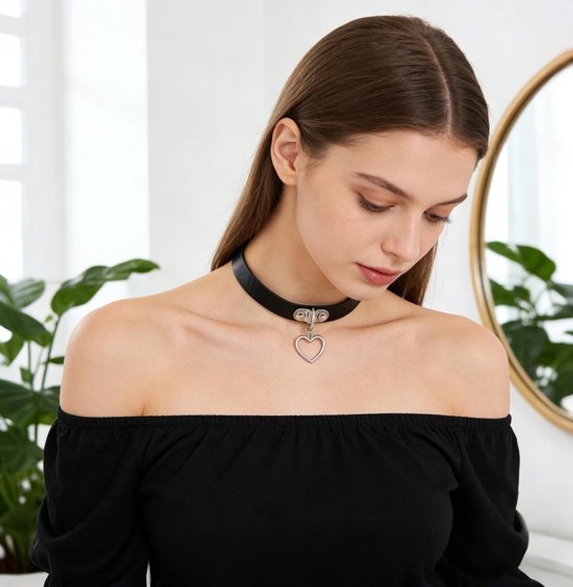 Punk Rock Choker Dames met Hart Hanger - Verstelbare Leren Halsband