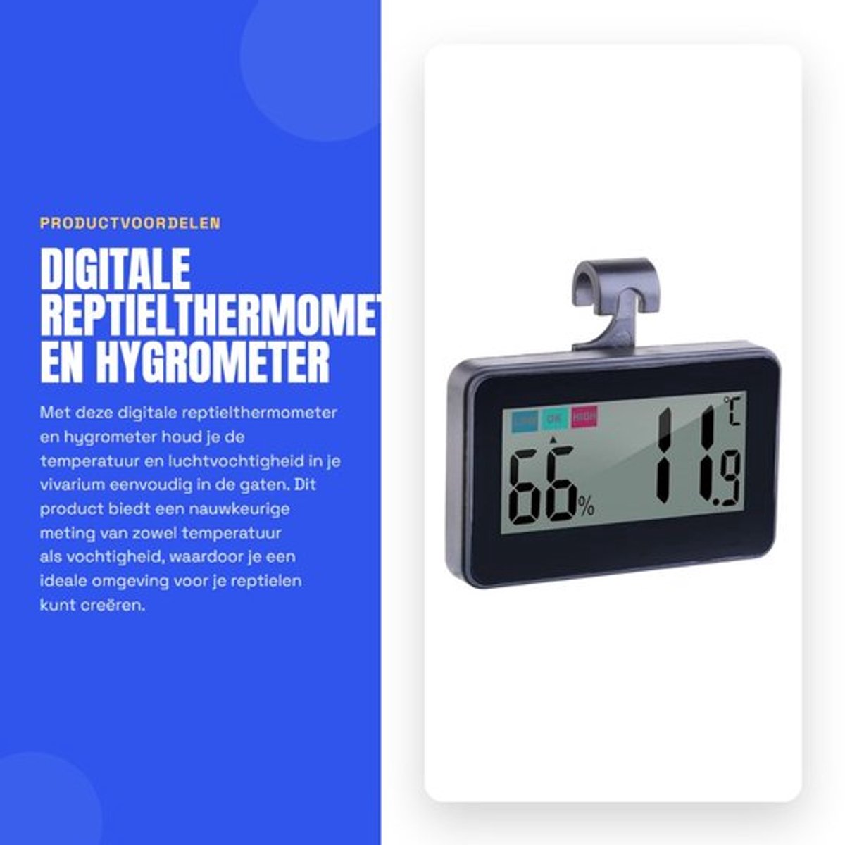 Reptielthermometer Digitale Hygrometer - Temperatuur - Vochtigheidsmeter - Zuignap - ABS Materiaal - Nauwkeurigheid ±1℃ - Thermometer