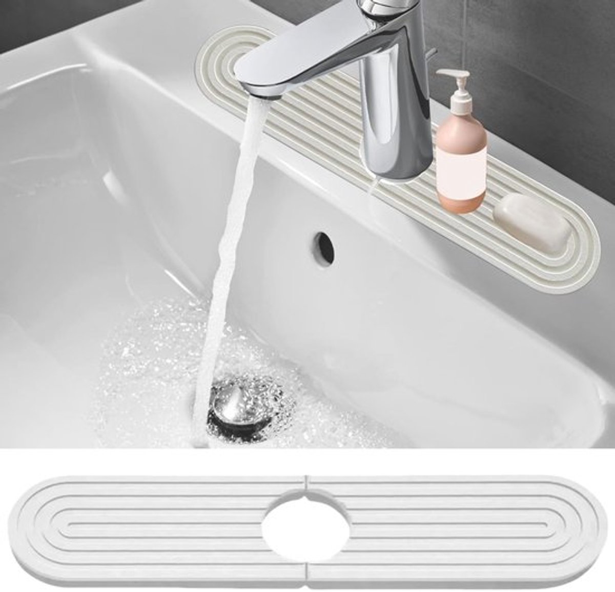 Kraanmat Antislip - Diatomeeënaarde Droogmat - Spatbescherming - Waterabsorberend - 39,9 cm x 9,9 cm - Middengat 6,4 cm - Drogende Mat