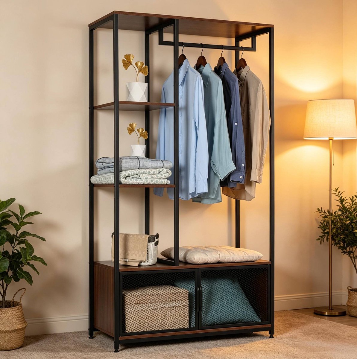 HAUSS SPOLE Kledingrek - 90 x 40 x 167 cm - Open Opbergontwerp Met Legplanken - MDF En Metaal - Zwart En Donker Houtlook - Voor Slaapkamer En Hal